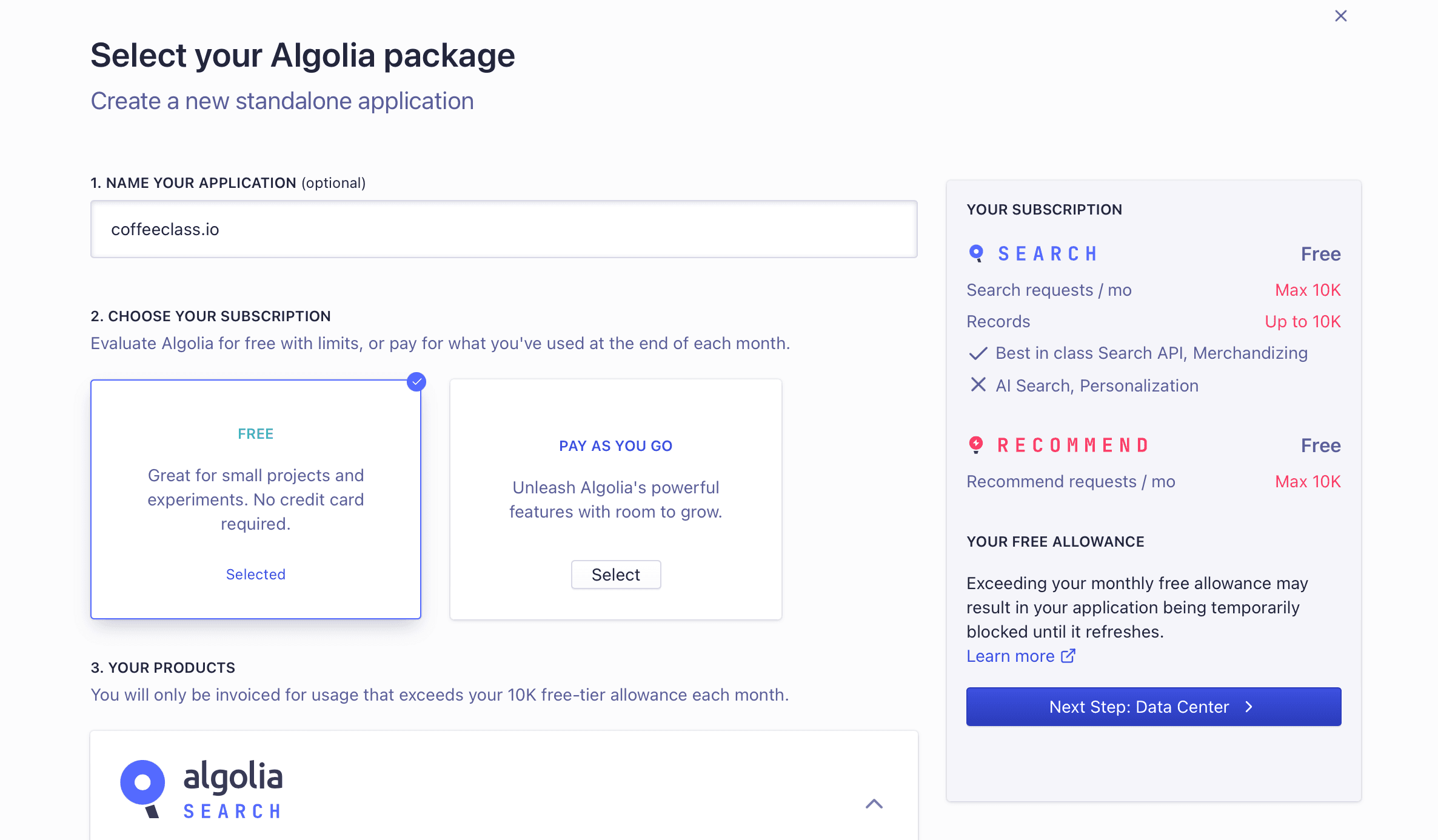 Create a new algolia application