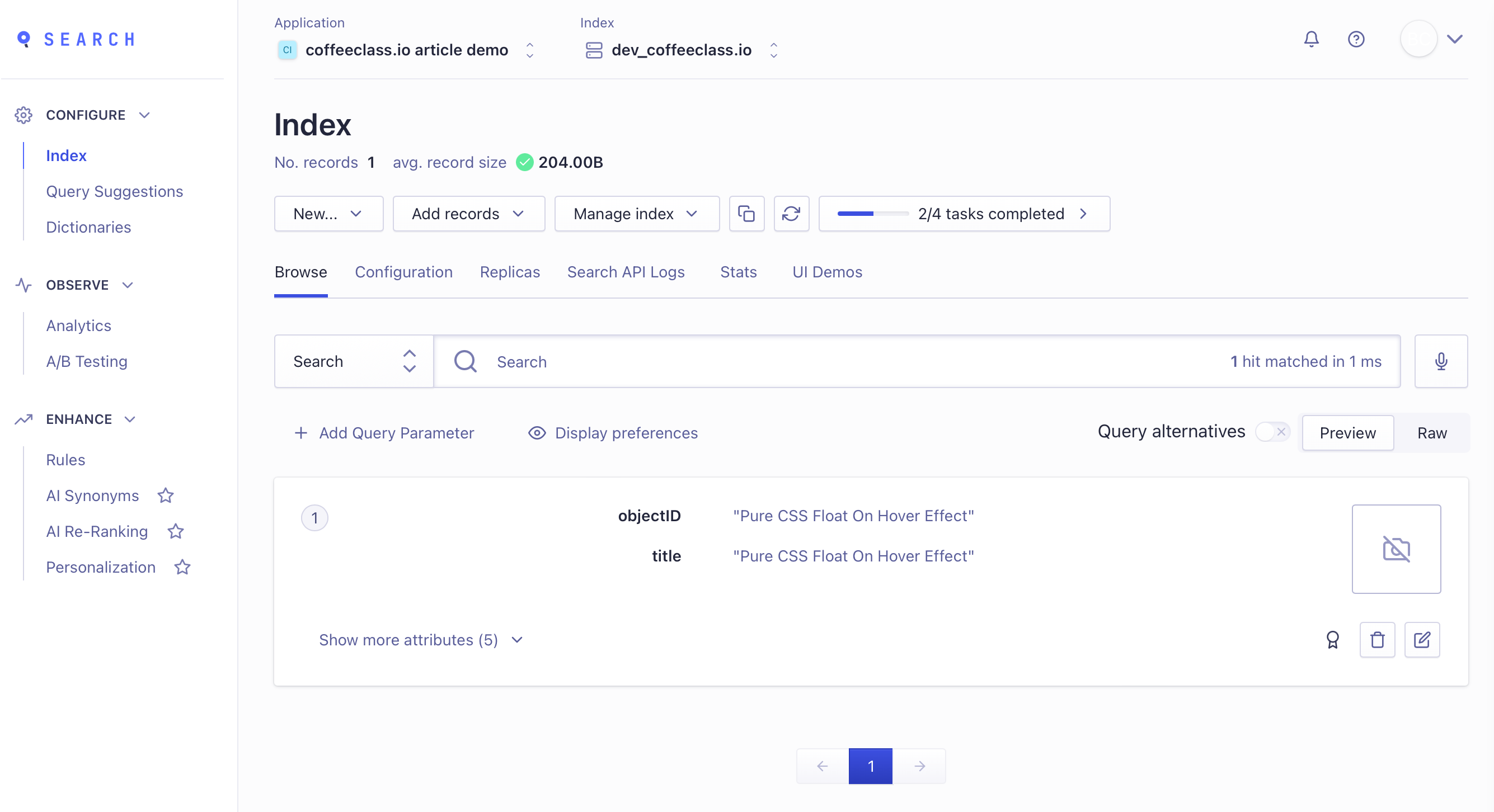 Our index in the Algolia Dashboard